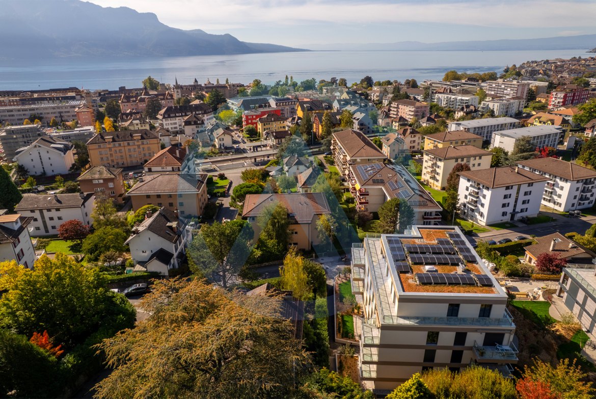 vue de la Tour de Peilz avec le lac Léman et les Alpes