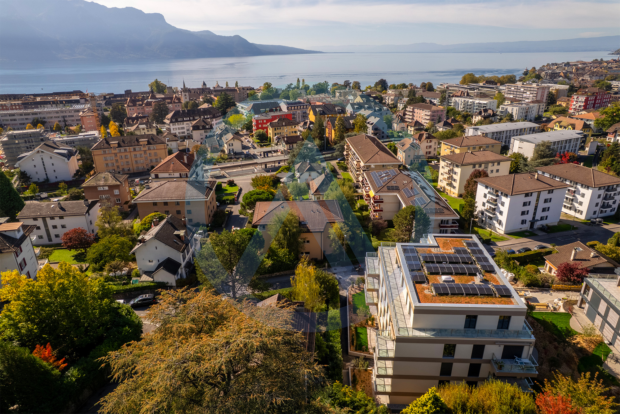 vue de la Tour de Peilz avec le lac Léman et les Alpes